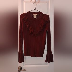 Flying Tomato V-Neck Sweater with Ruffles - Rich Burgundy